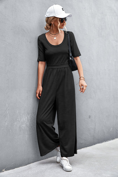 Elegant Scoop Neck Half Sleeve Wide Leg Jumpsuit - adritiX
