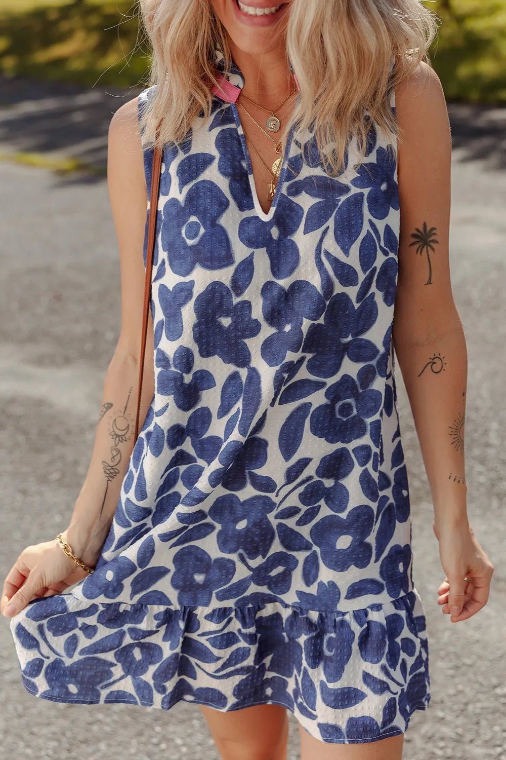 Floral Sleeveless Color Block Notched V Neck Mini Dress - adritiX