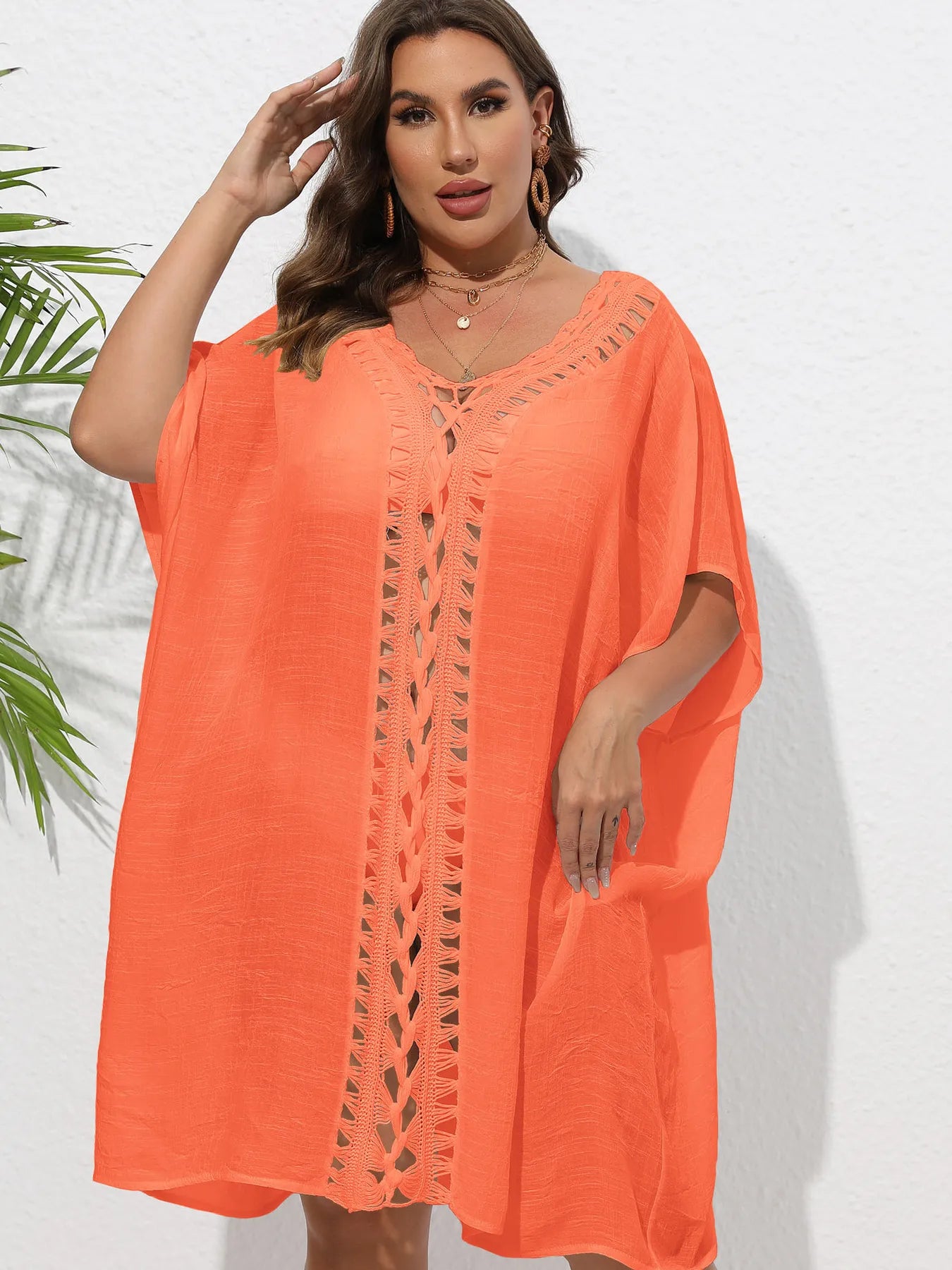 Crochet Trim V-Neck Beach Cover Up Dress - adritiX
