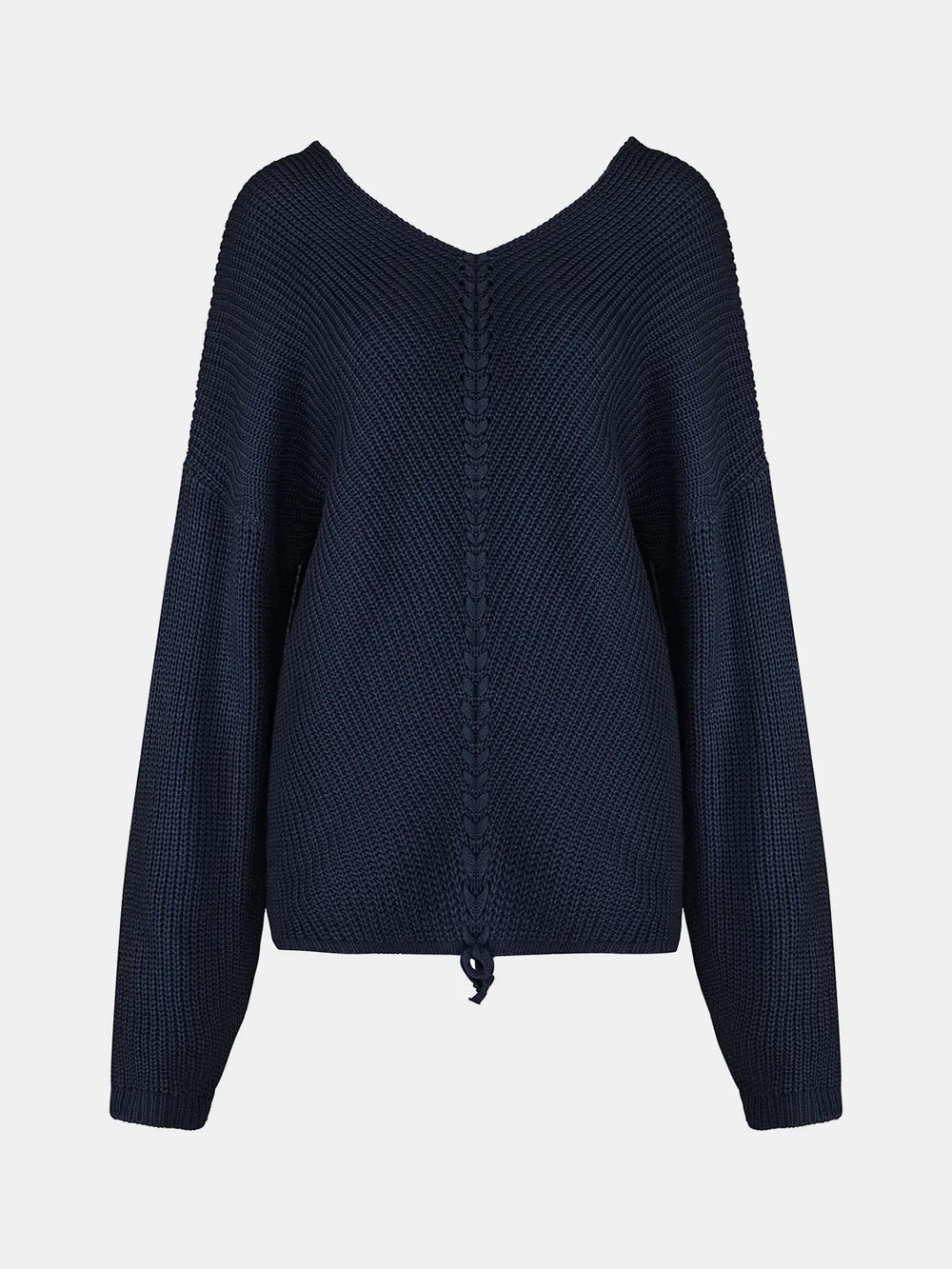 Full Size Lace Up V-Neck Long Sleeve Sweater - adritiX
