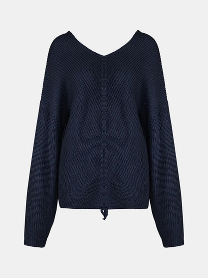 Full Size Lace Up V-Neck Long Sleeve Sweater - adritiX