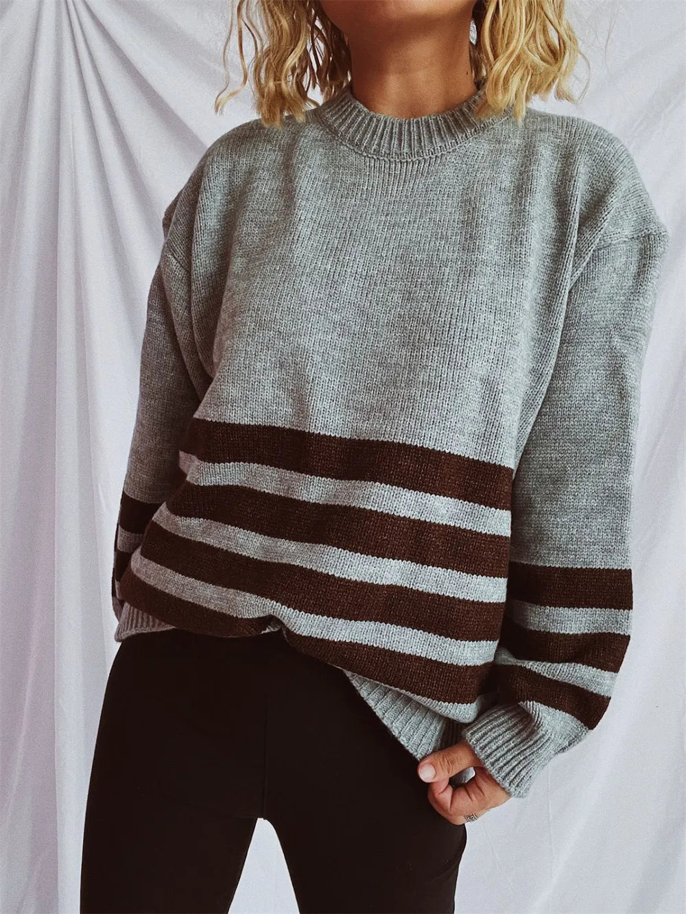 Striped Dropped Shoulder Long Sleeve Sweater - adritiX