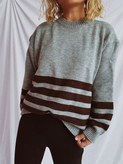 Striped Dropped Shoulder Long Sleeve Sweater - adritiX