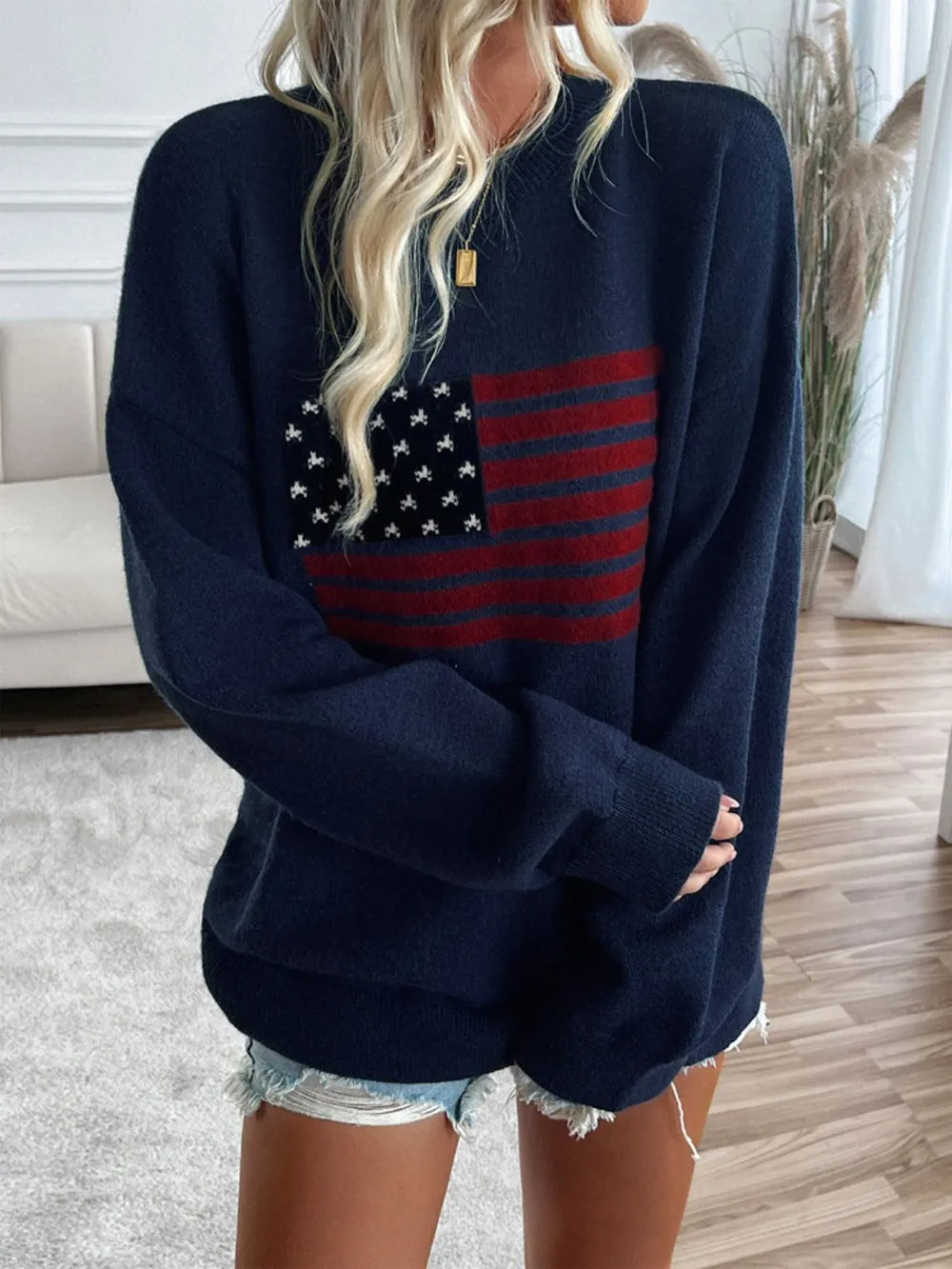 Devine US Flag Round Neck Long Sleeve Knit Top - adritiX