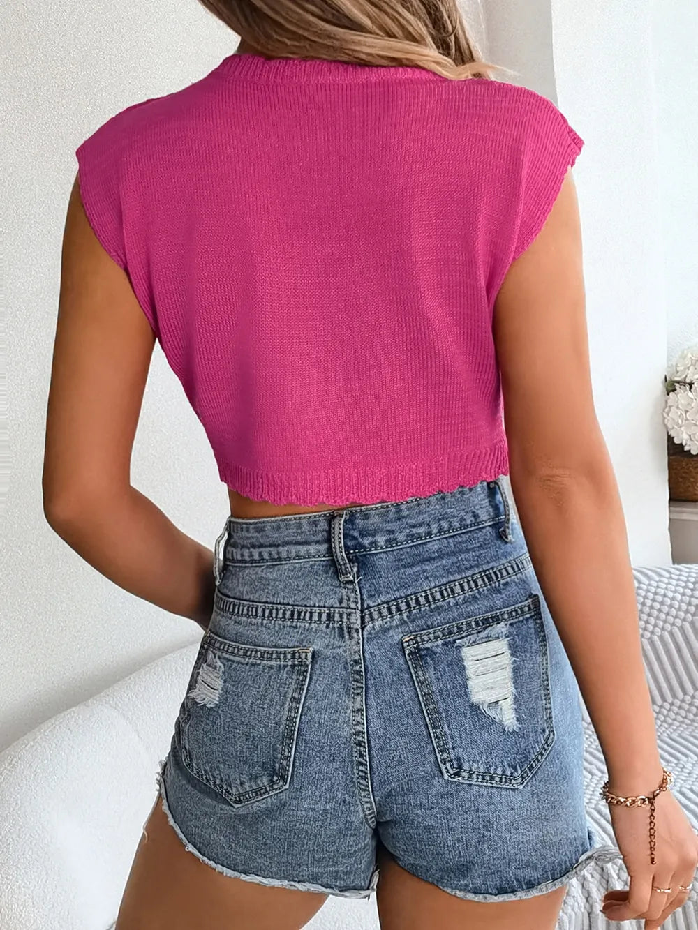 Openwork Round Neck Cap Sleeve Knit Top - adritiX