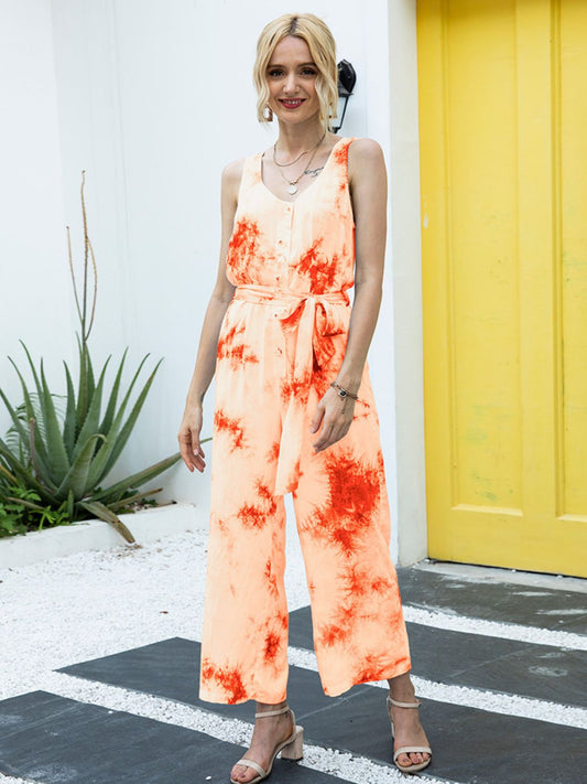 Elegant Ivy Lane Tie-Dye Tie Waist Sleeveless Jumpsuit - adritiX