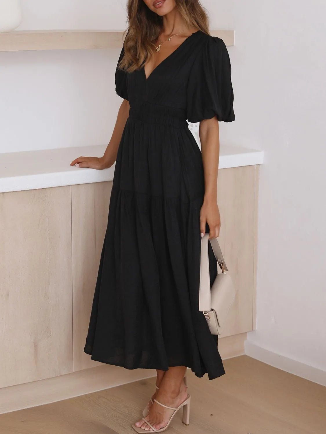 V-Neck Puff Sleeve Midi Dress - adritiX
