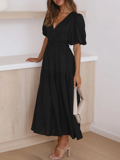 V-Neck Puff Sleeve Midi Dress - adritiX