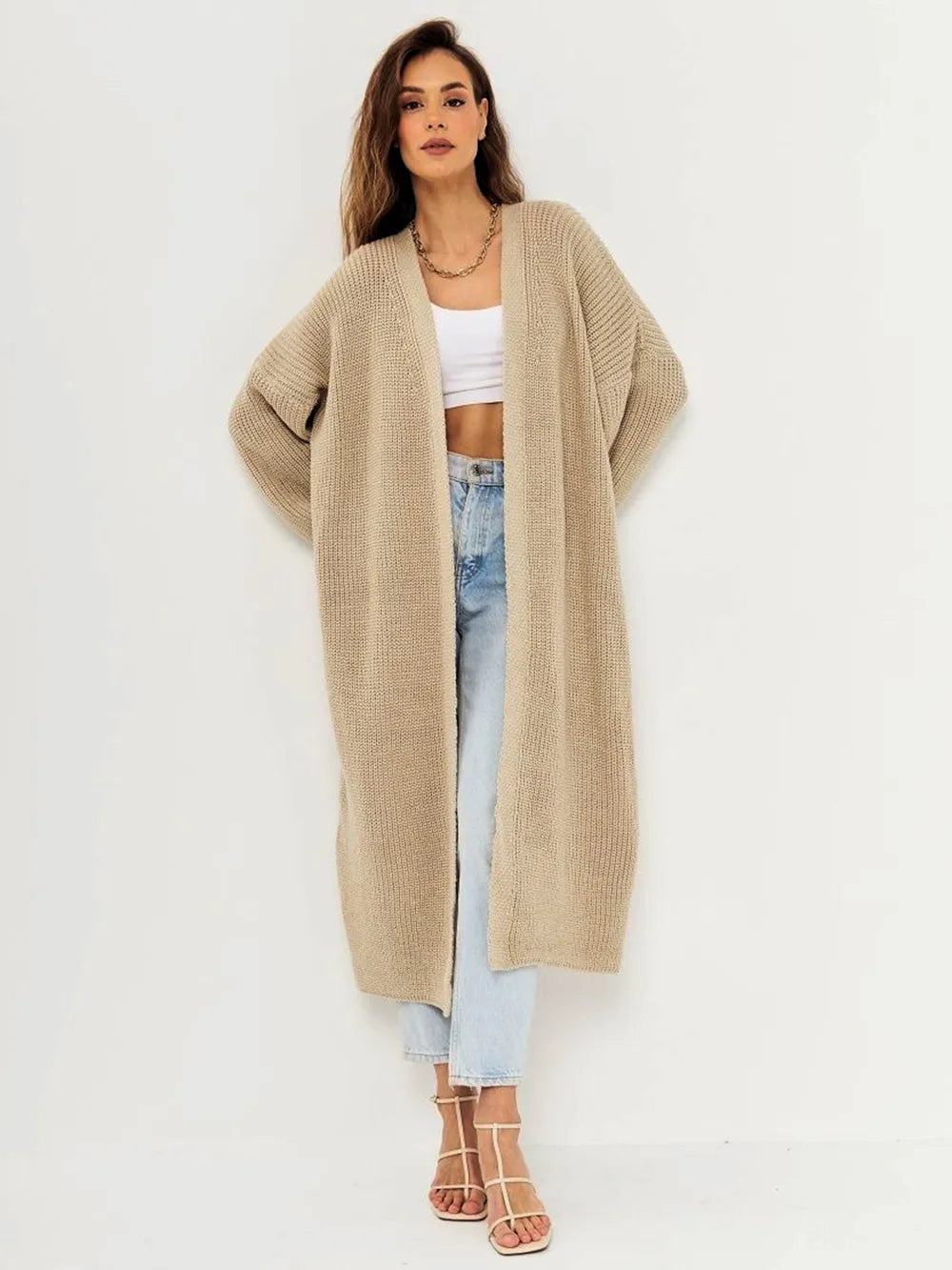 Open Front Long Sleeve Longline Cardigan - adritiX