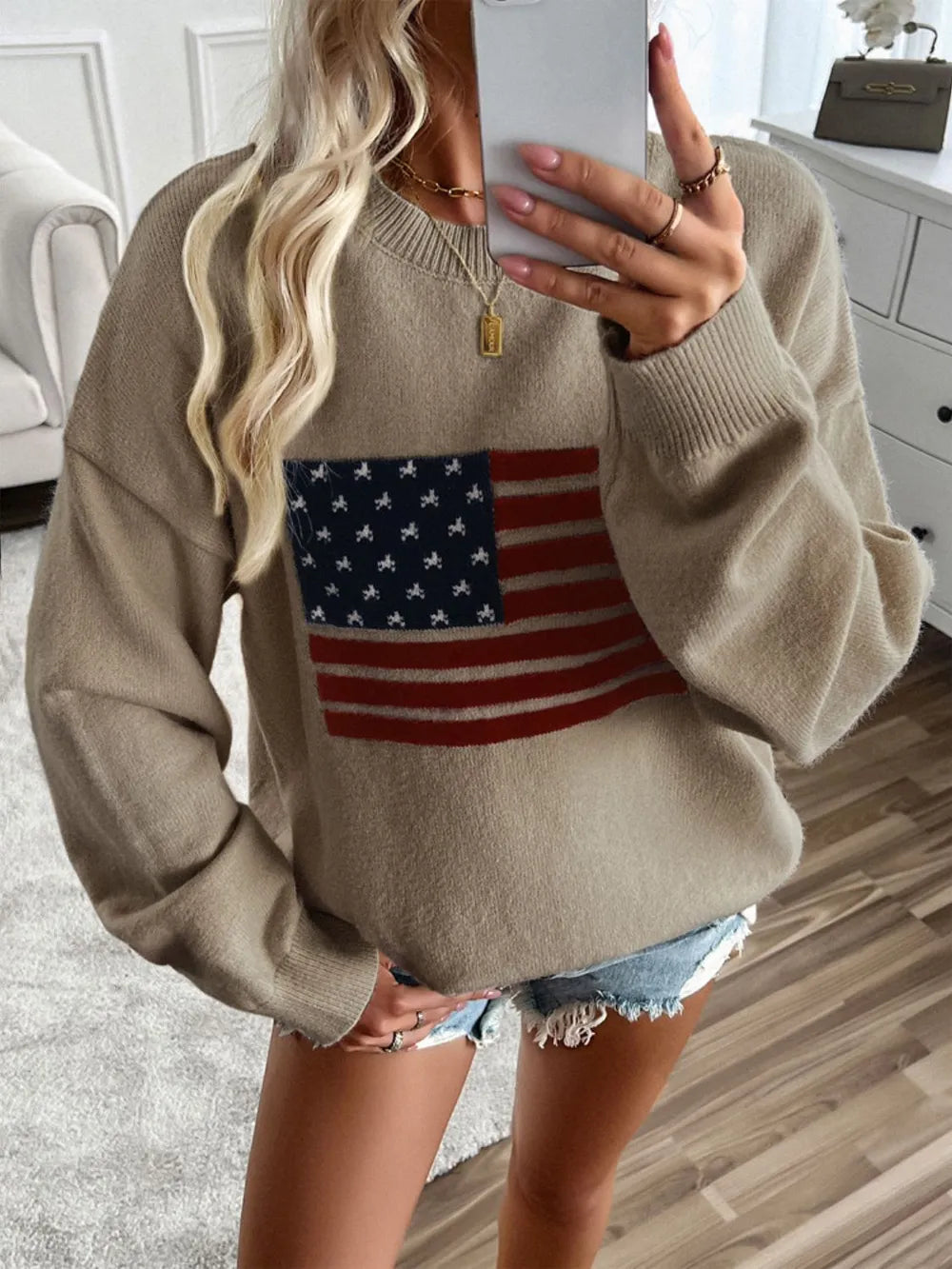 Devine US Flag Round Neck Long Sleeve Knit Top - adritiX