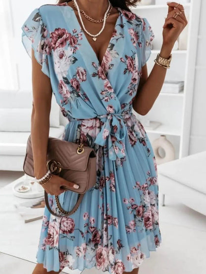Floral Surplice Ruffled Cap Sleeve Dress - adritiX
