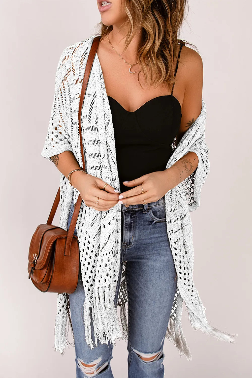 Openwork Open Front Cardigan with Fringes - adritiX