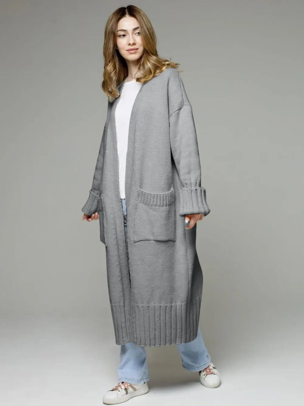Pocketed Open Front Dropped Shoulder Cardigan - adritiX