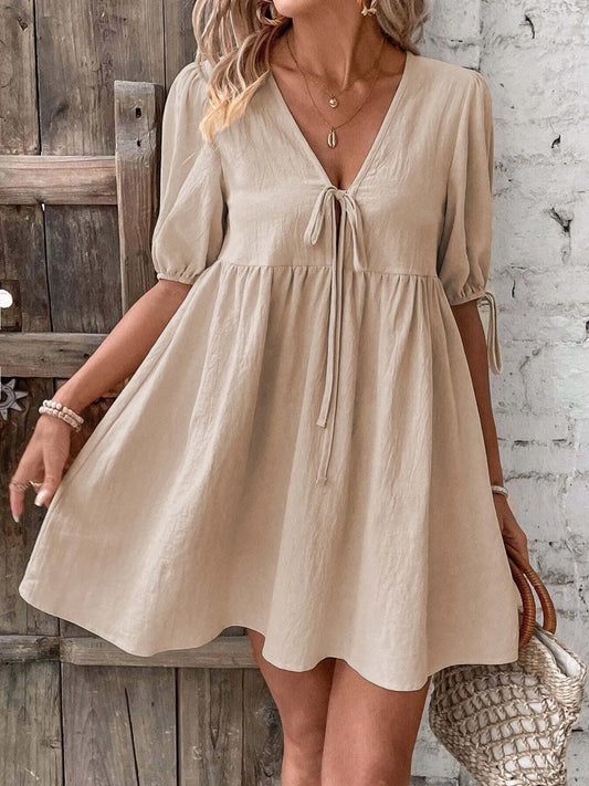 V-Neck Tie-Front Mini Dress with Puff Sleeves - adritiX