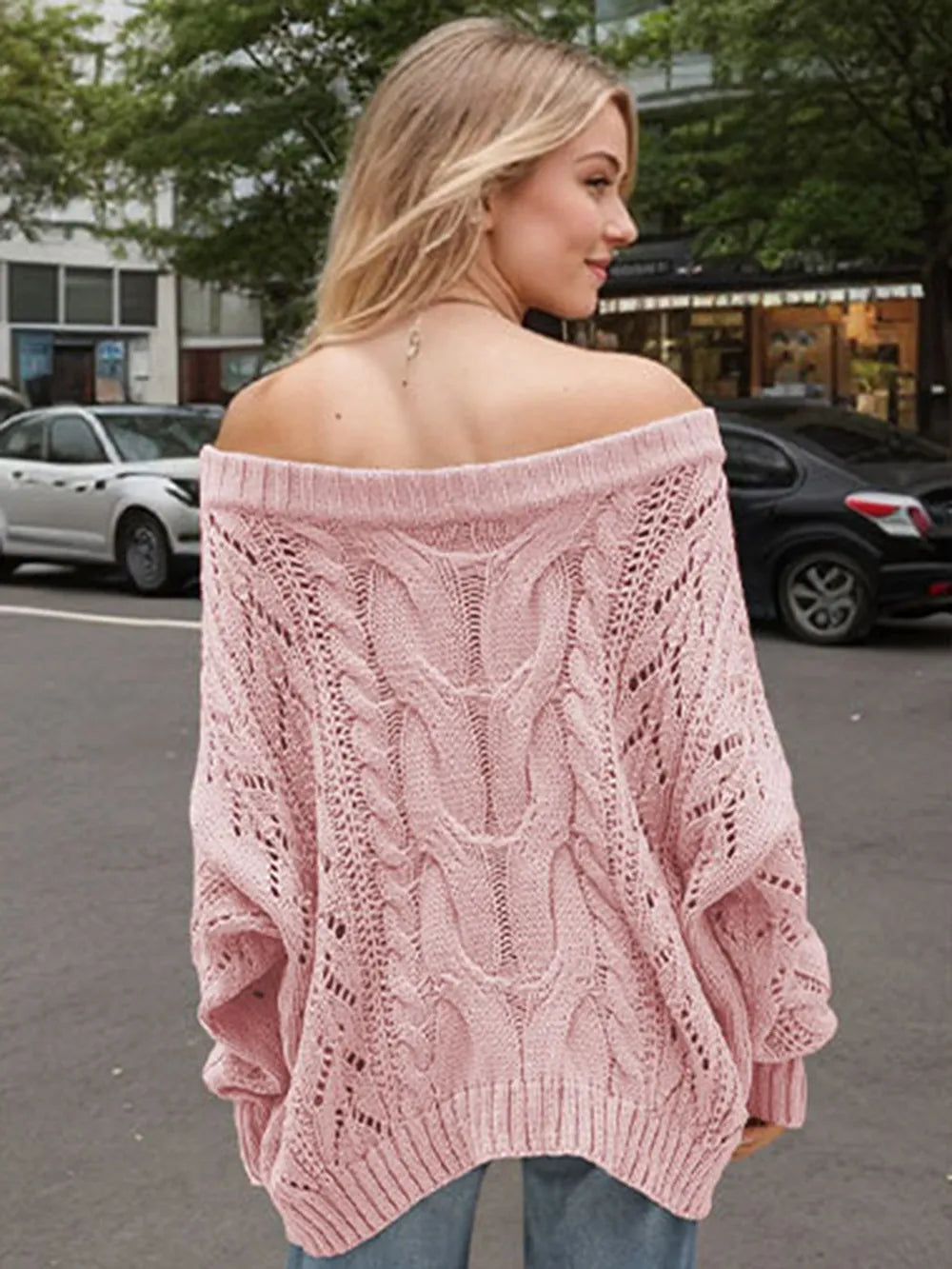 Cable Knit Openwork Off-Shoulder Sweater - adritiX