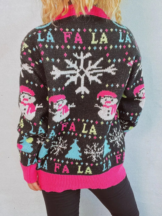 Elegant Snowman Contrast Trim Round Neck Sweater - adritiX