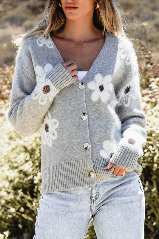 Flower Button Up Long Sleeve Cardigan - adritiX