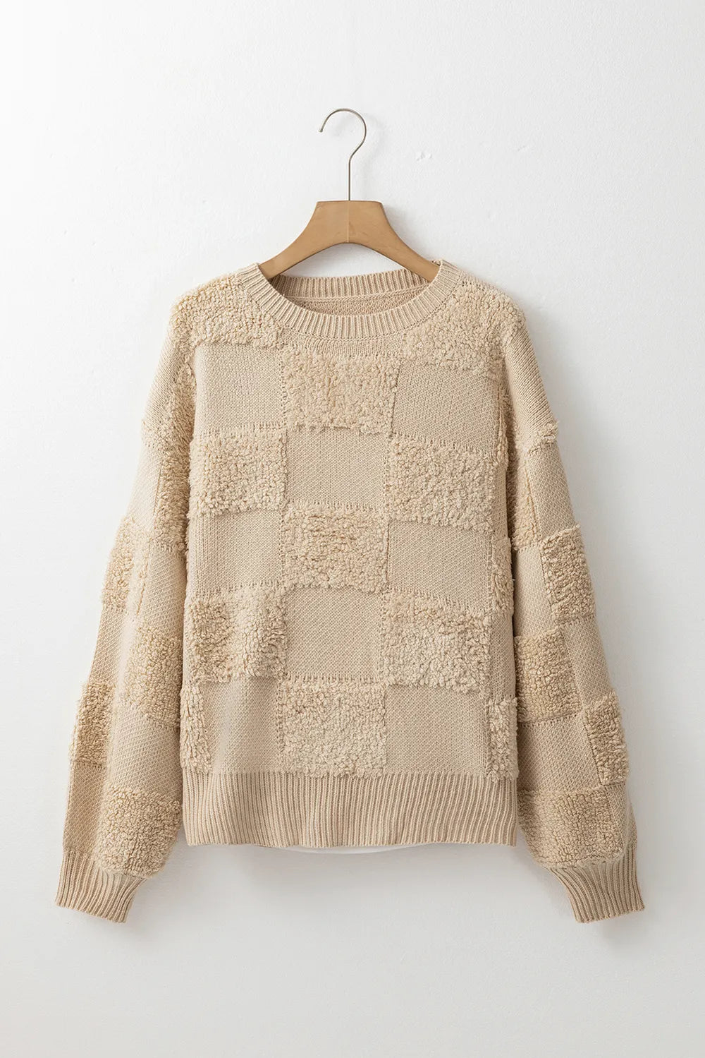 Checkered Round Neck Dropped Shoulder Sweater - adritiX
