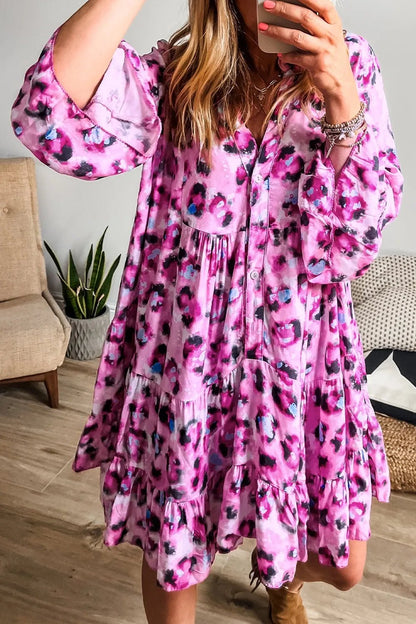 Leopard Print Buttoned Front 3/4 Sleeve Tiered Ruffled Hem Dress - adritiX
