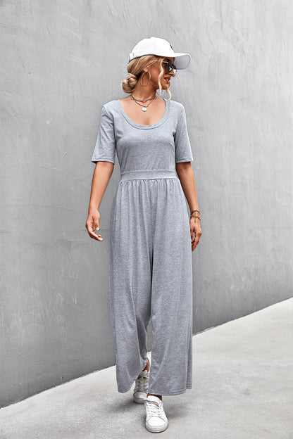 Elegant Scoop Neck Half Sleeve Wide Leg Jumpsuit - adritiX