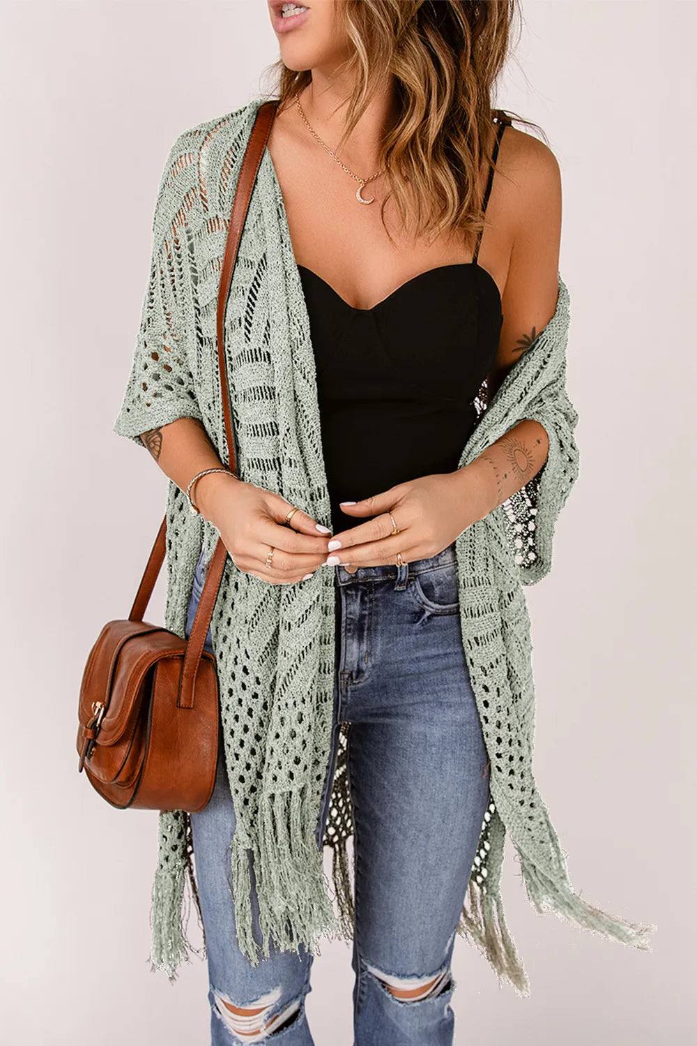 Openwork Open Front Cardigan with Fringes - adritiX