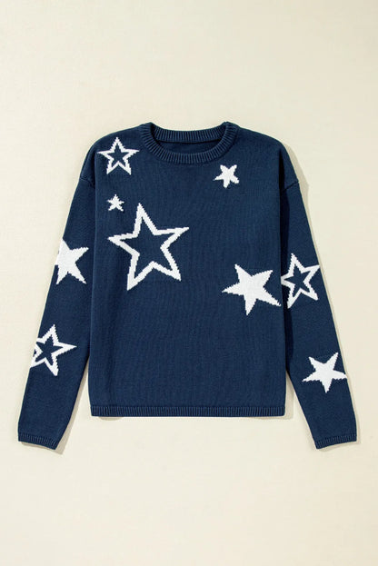 Star Round Neck Long Sleeve Sweater - adritiX