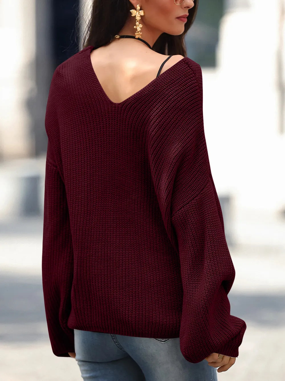 Full Size Lace Up V-Neck Long Sleeve Sweater - adritiX