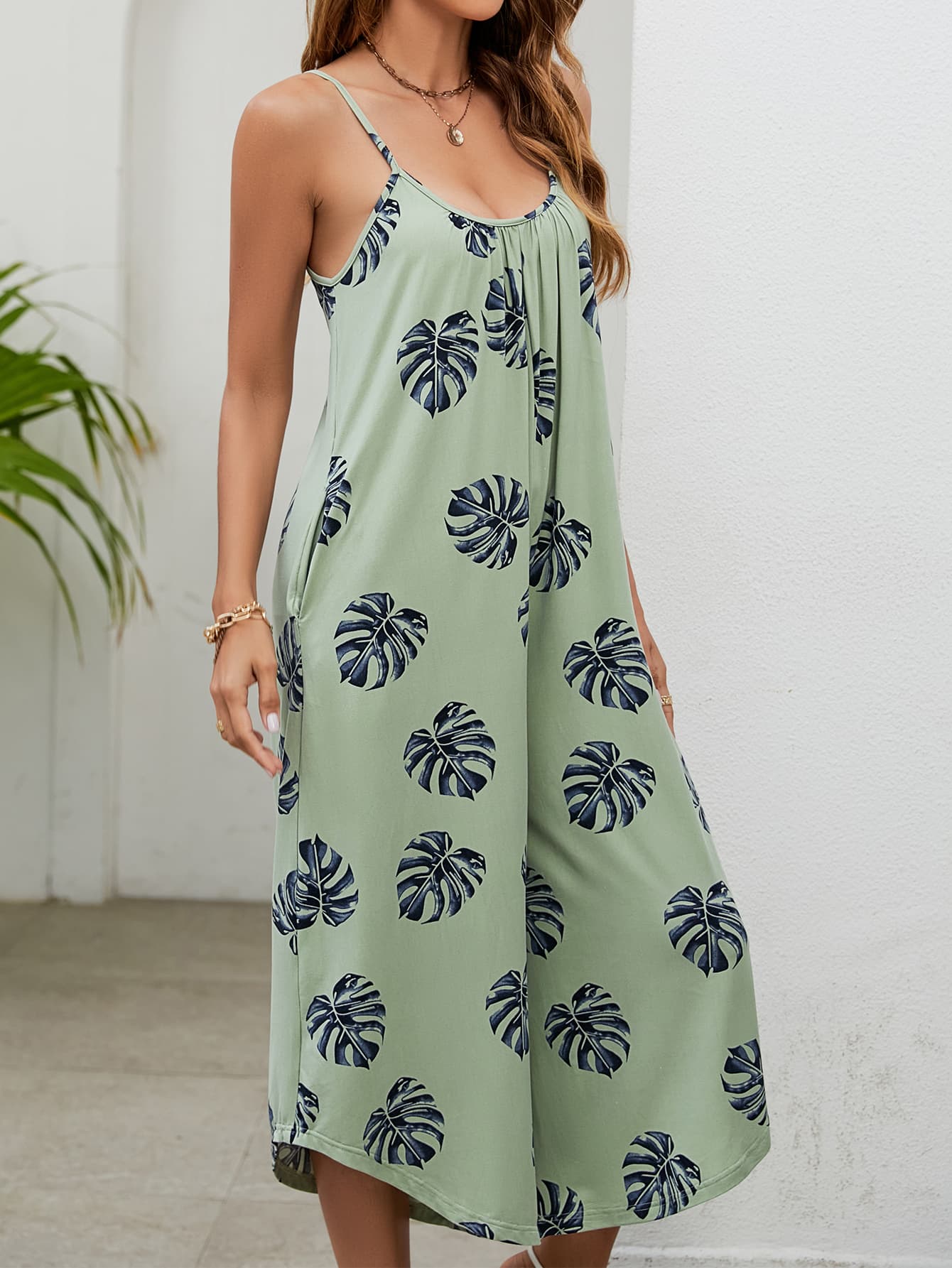 Elegant Botanical Print Spaghetti Strap Scoop Neck Jumpsuit - adritiX