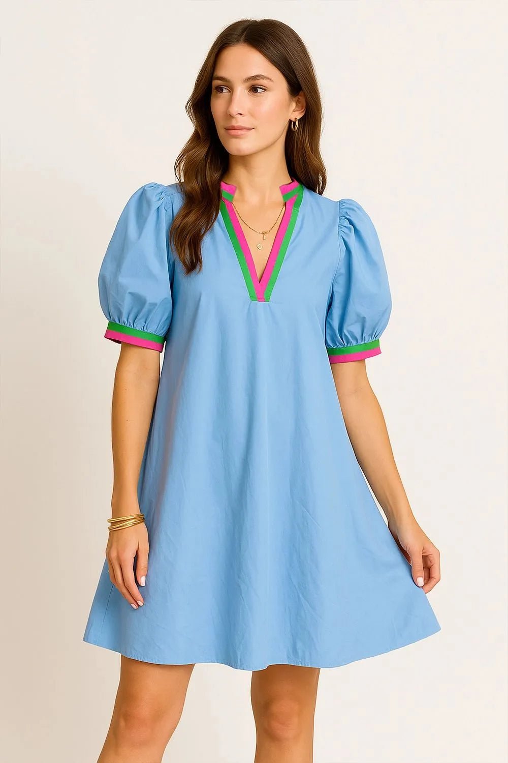 Notched Puff Sleeve Swing Dress - adritiX