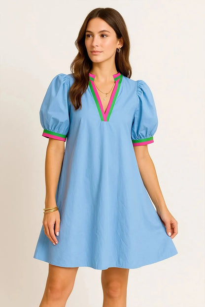 Notched Puff Sleeve Swing Dress - adritiX