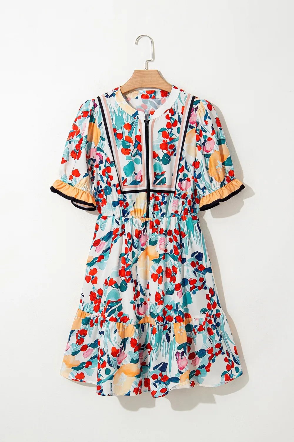Floral Print Zipper Ruffled Short Sleeve High Waist Mini Dress - adritiX