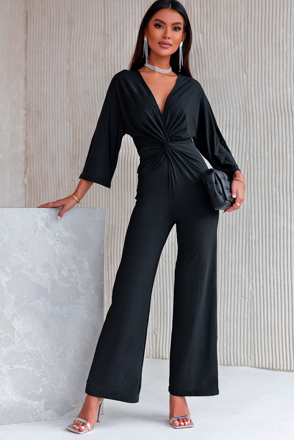 Elegant Twisted Plunge Three-Quarter Sleeve Jumpsuit - adritiX