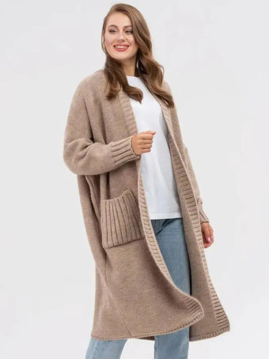 Pocketed Open Front Long Sleeve Longline Cardigan - adritiX