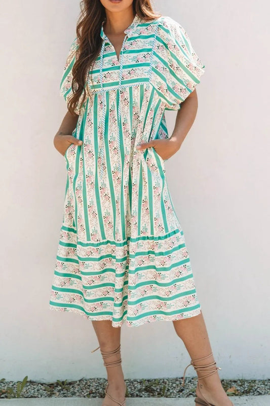 Striped Floral Print Tie Neck Puff Sleeve Midi Dress - adritiX