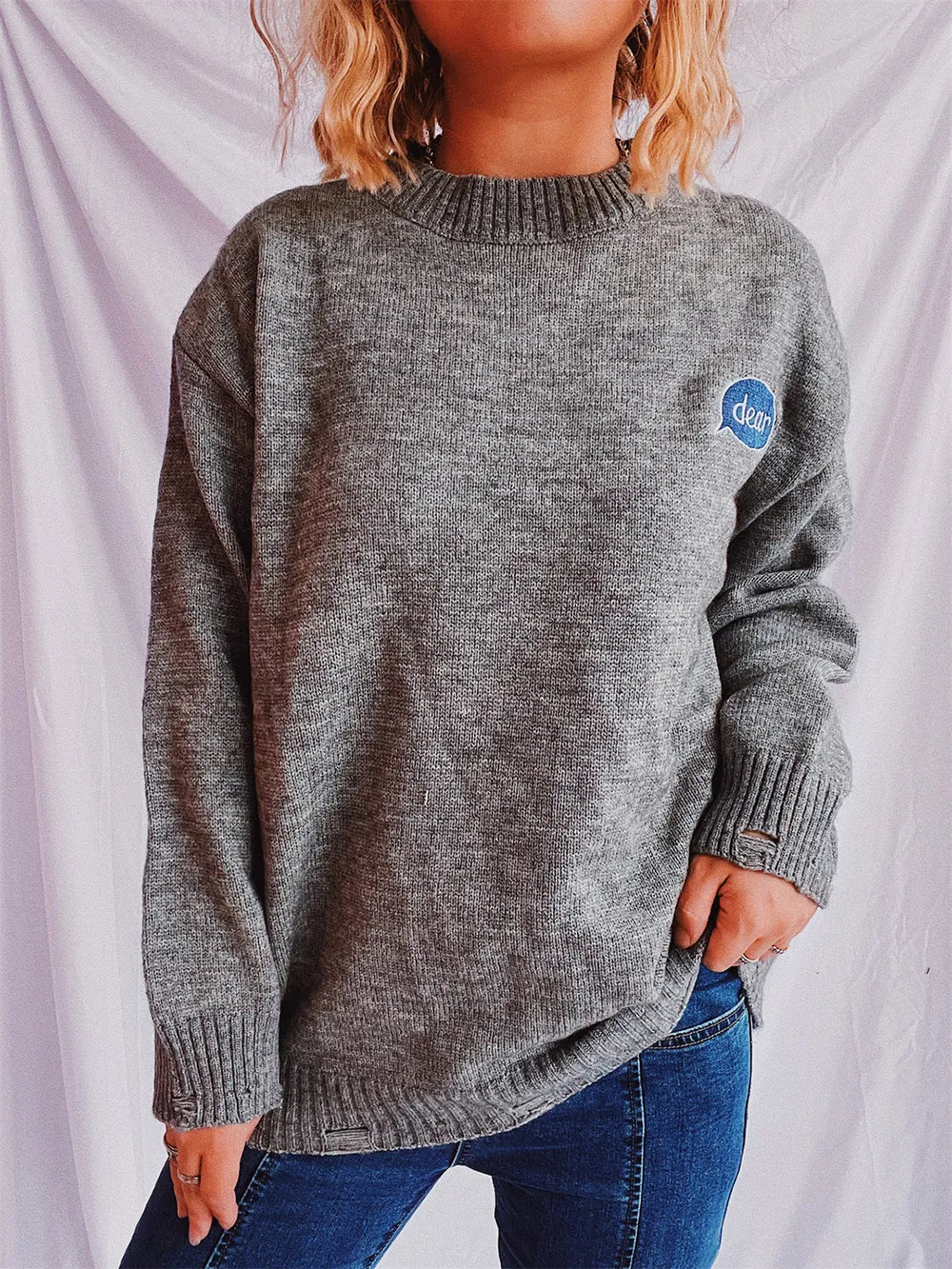 Embroidered Round Neck Dropped Shoulder Sweater - adritiX