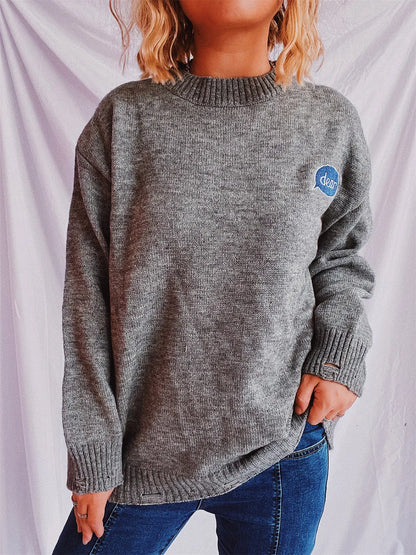 Embroidered Round Neck Dropped Shoulder Sweater - adritiX