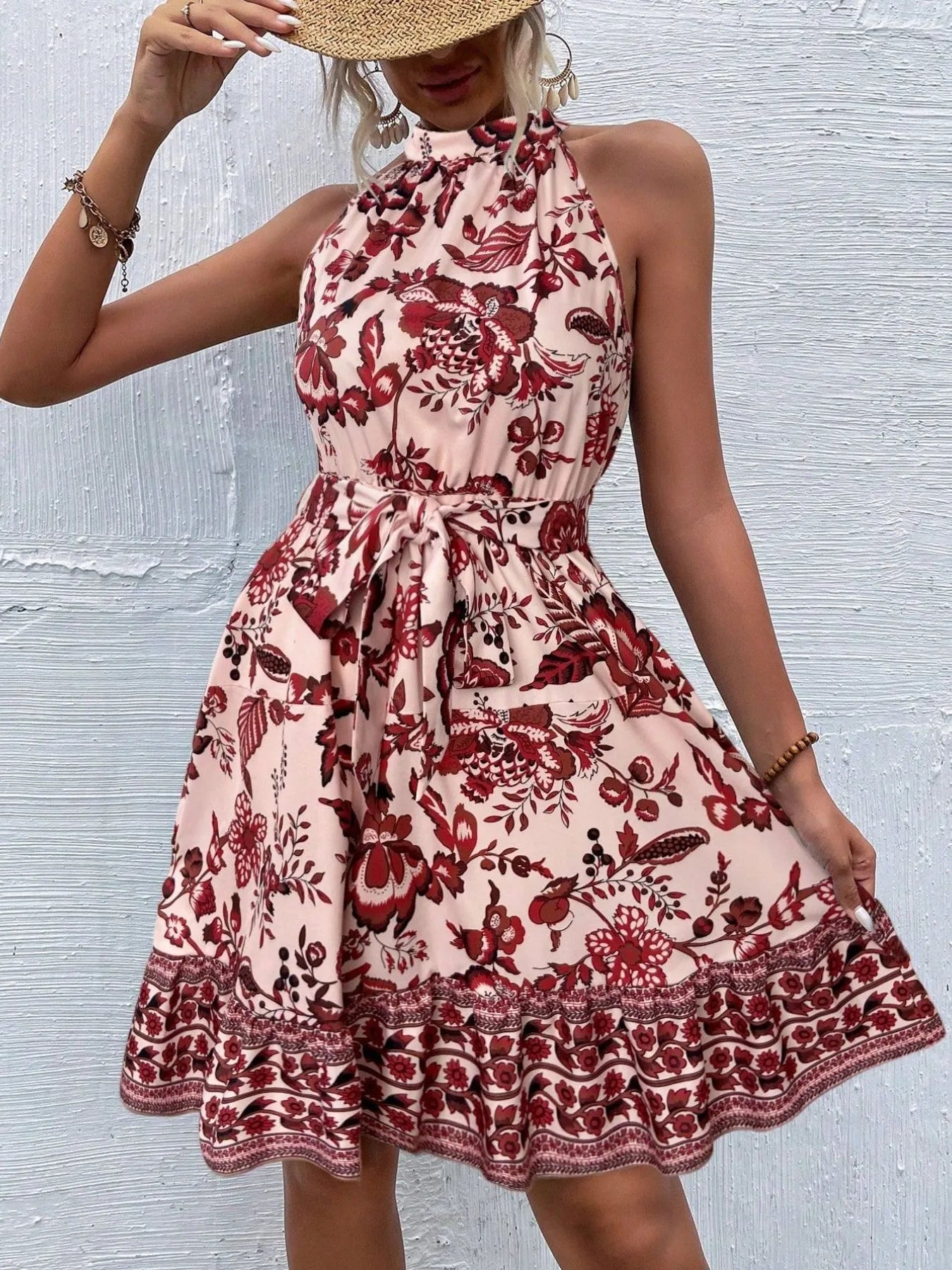 Floral Halter Neck Summer Dress with Belt - adritiX