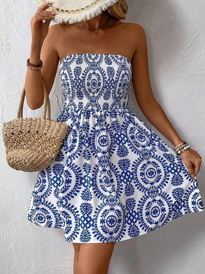 Smocked Printed Tube Mini Dress - adritiX