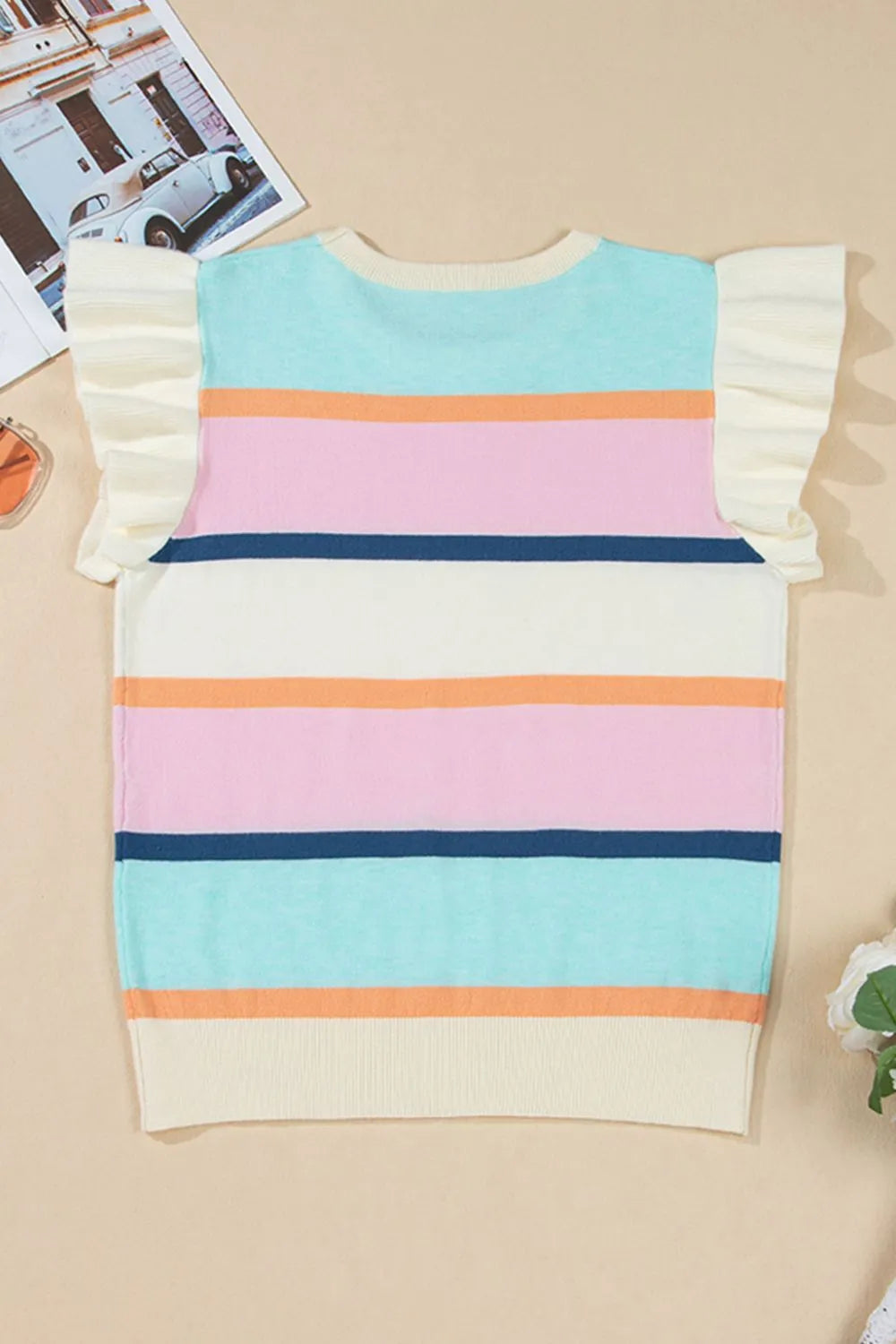 Color Block Round Neck Cap Sleeve Knit Top - adritiX