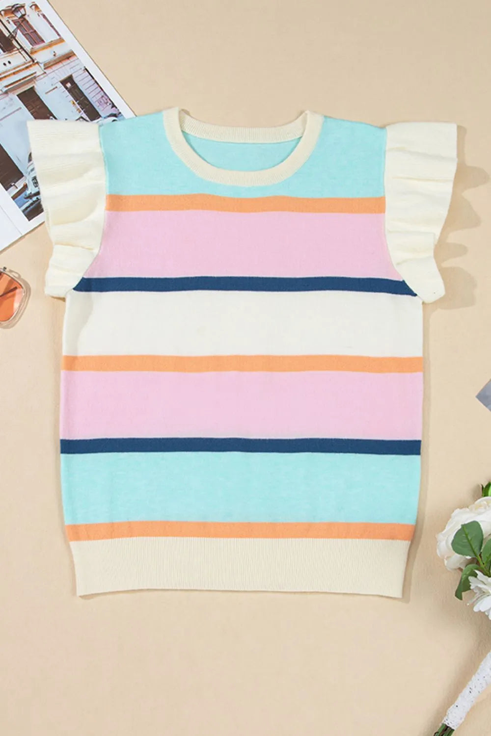 Color Block Round Neck Cap Sleeve Knit Top - adritiX