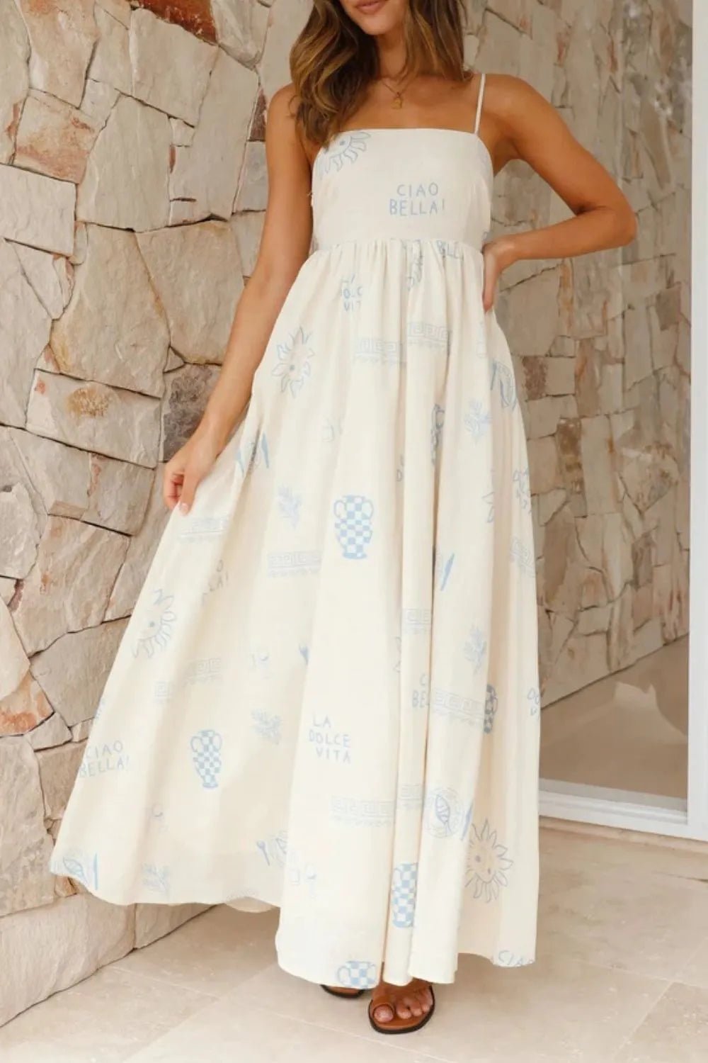 Cutout Back Printed Square Neck Maxi Cami Dress - adritiX