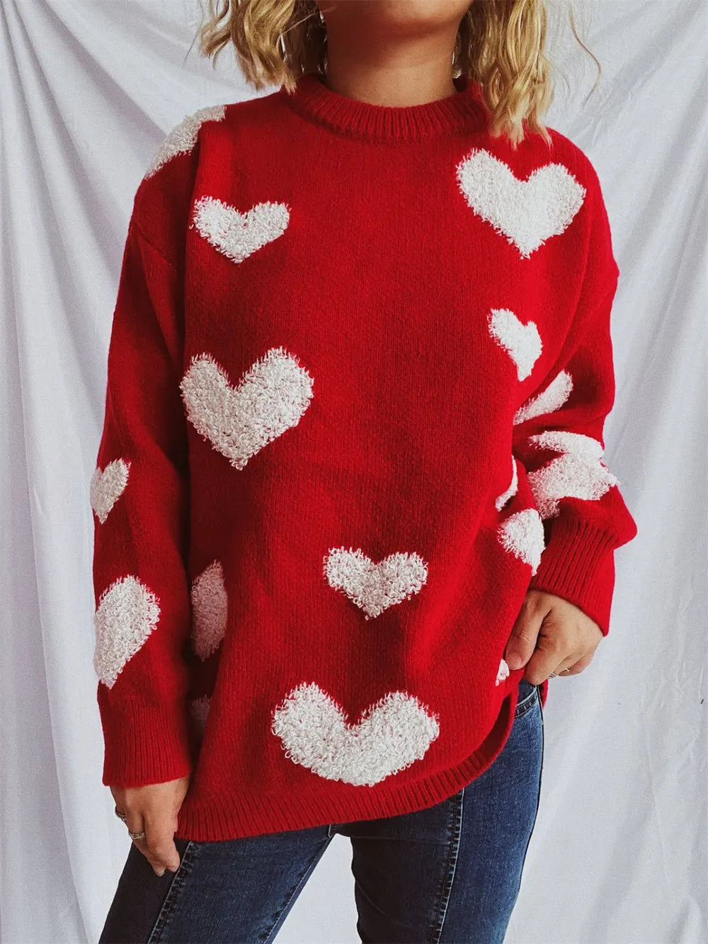 Heart Round Neck Dropped Shoulder Sweater - adritiX