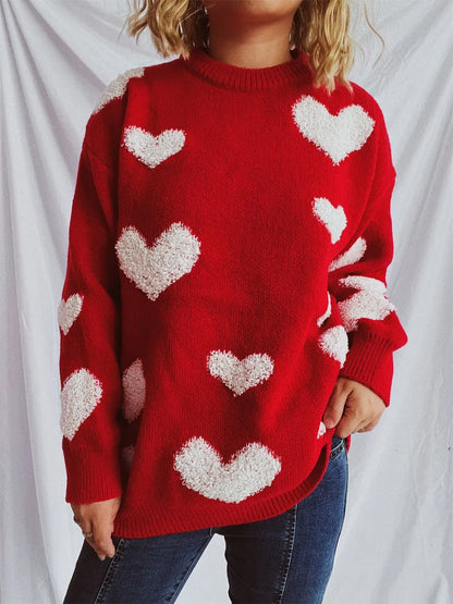 Heart Round Neck Dropped Shoulder Sweater - adritiX