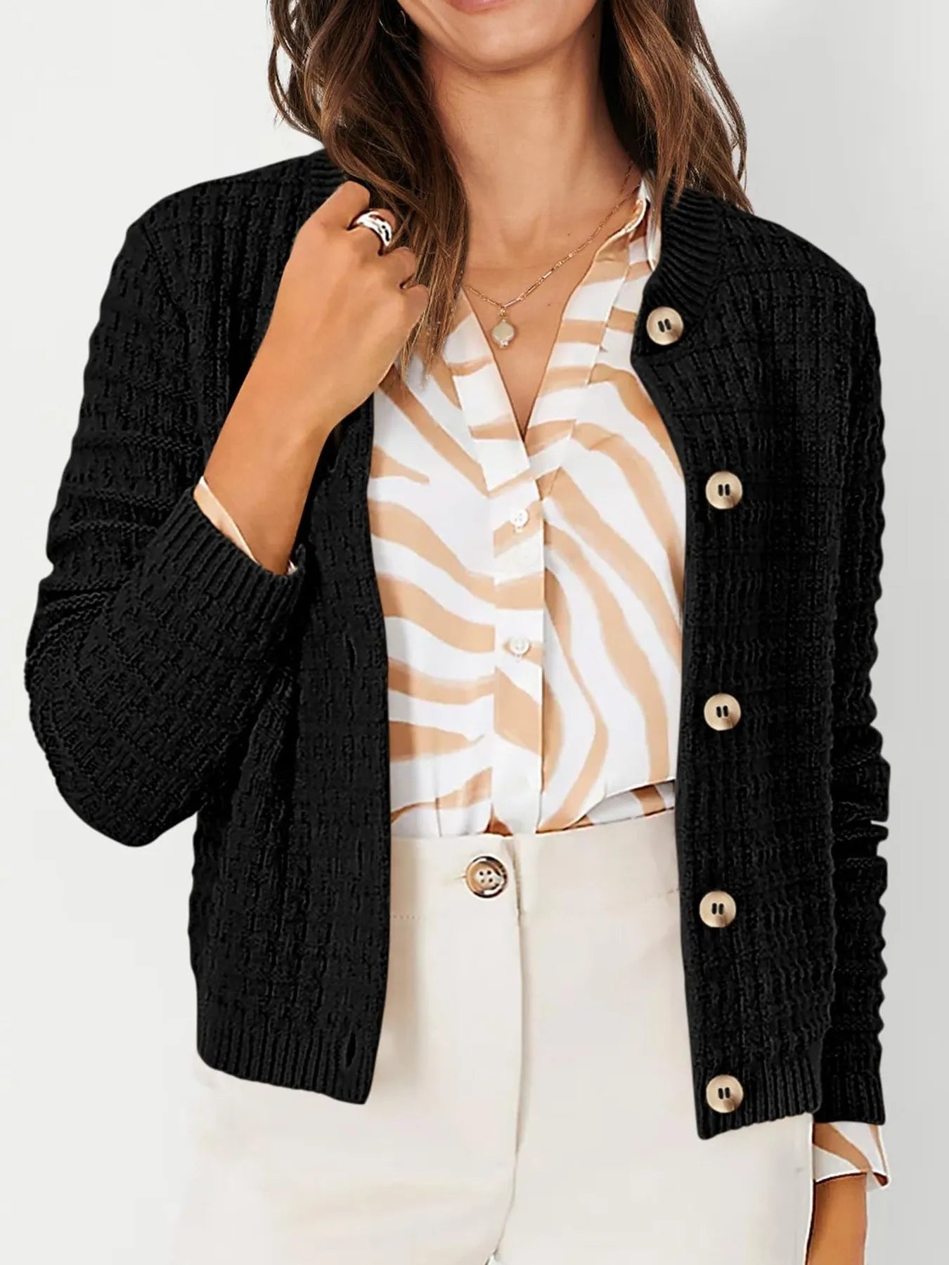 Elegant Textured Knit Button-Front Cardigan - adritiX