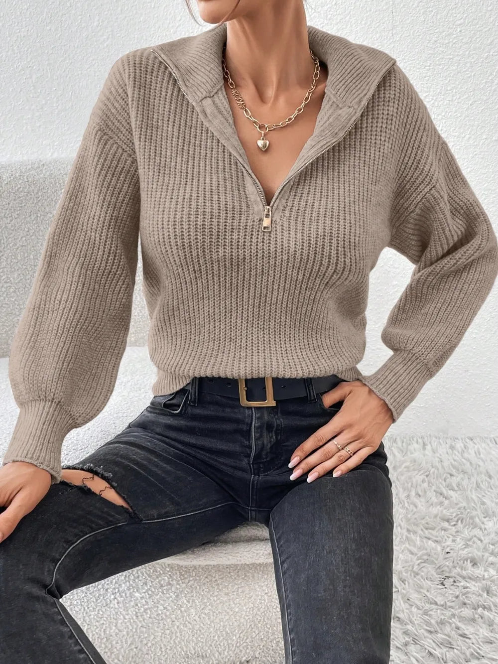 Elegant Honey Half Zip Dropped Shoulder Sweater - adritiX