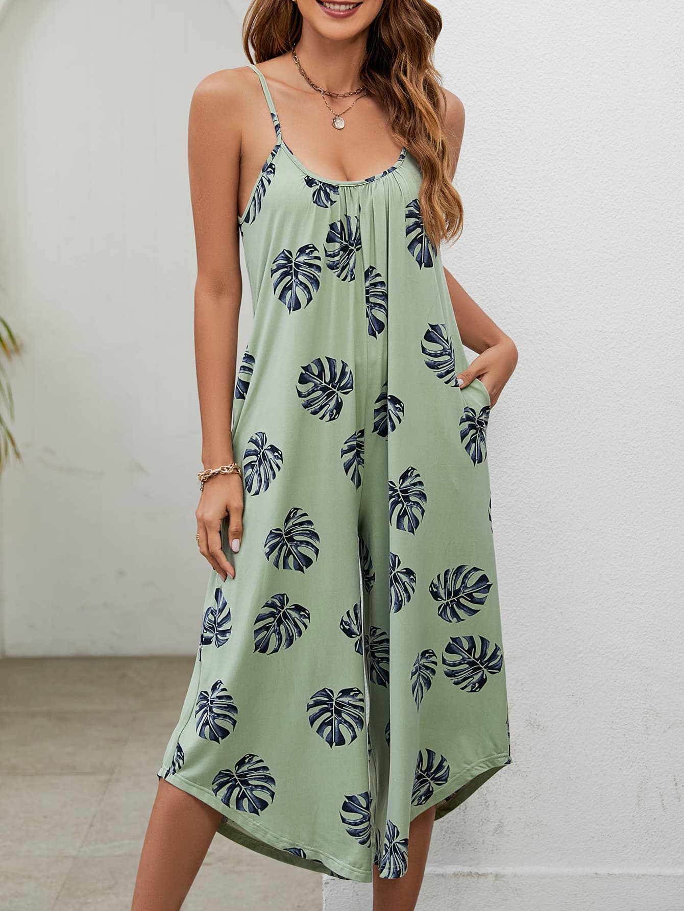 Elegant Botanical Print Spaghetti Strap Scoop Neck Jumpsuit - adritiX