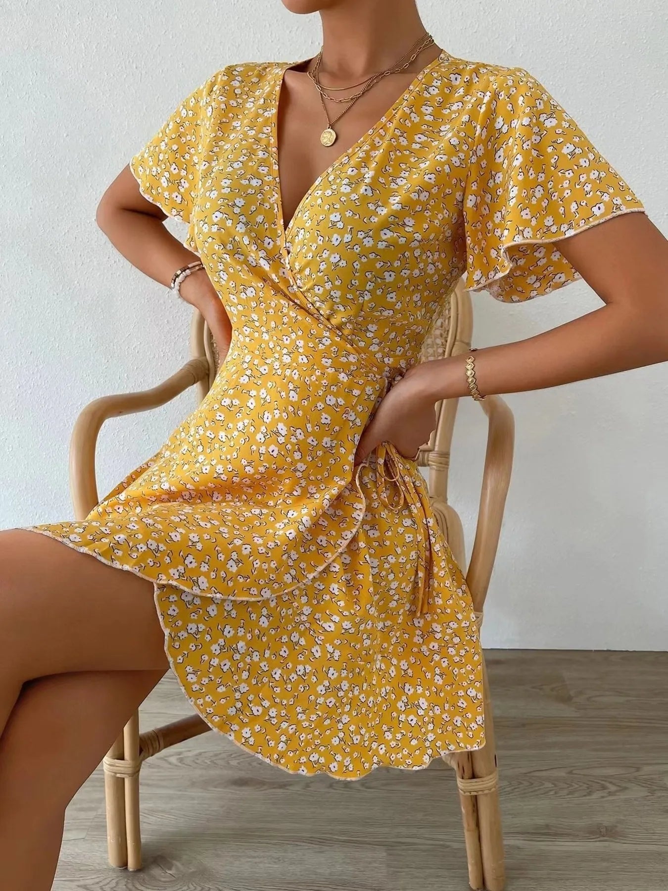 Floral Flutter Sleeve Wrap Mini Dress - adritiX