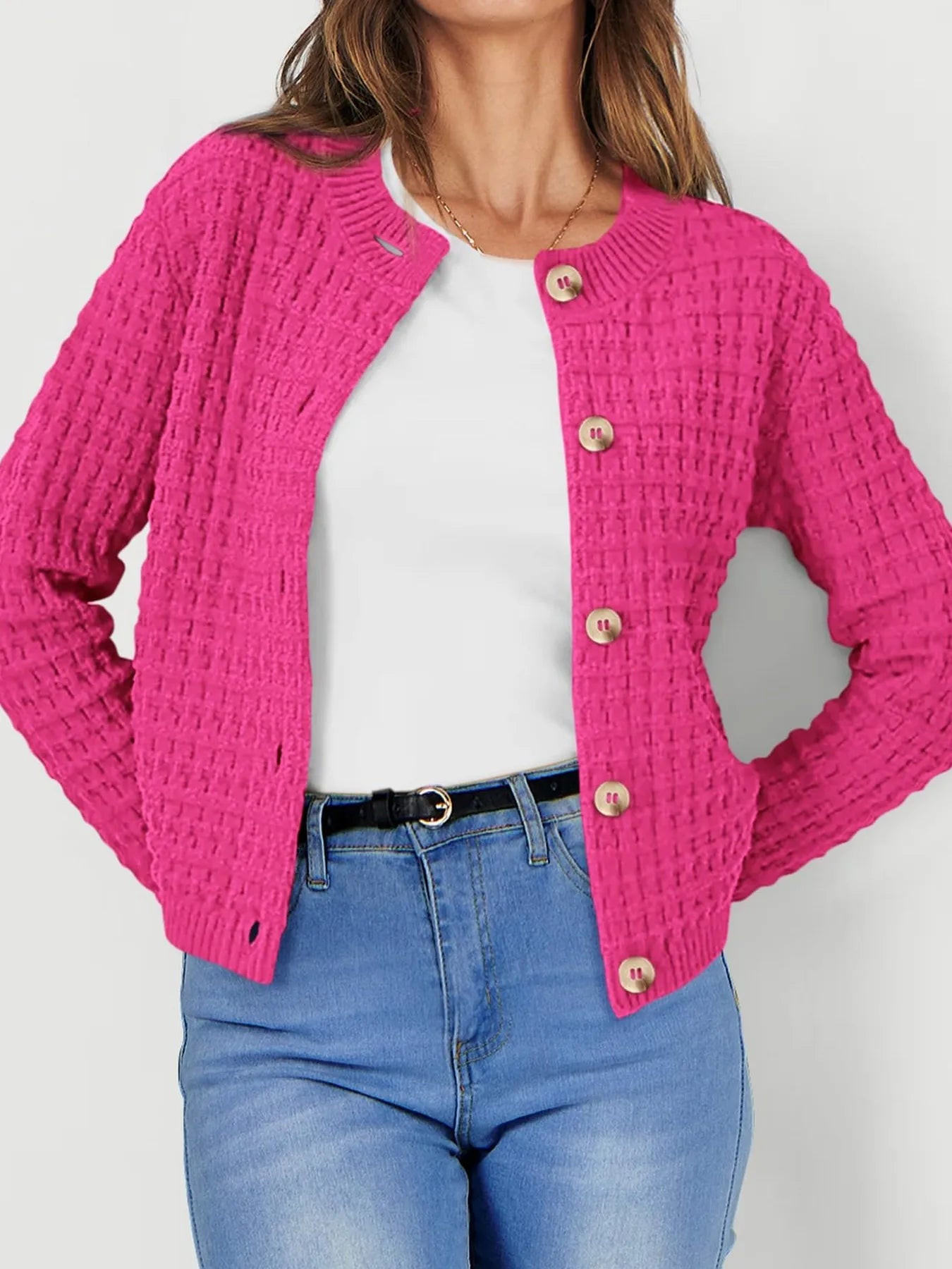 Elegant Textured Knit Button-Front Cardigan - adritiX
