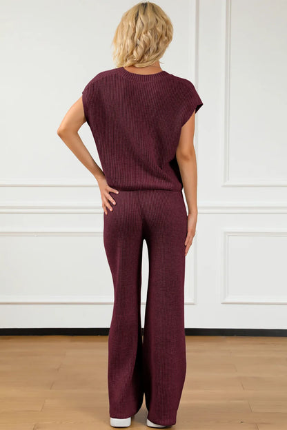 Pocketed V-Neck Top and Wide Leg Sweater Set - adritiX