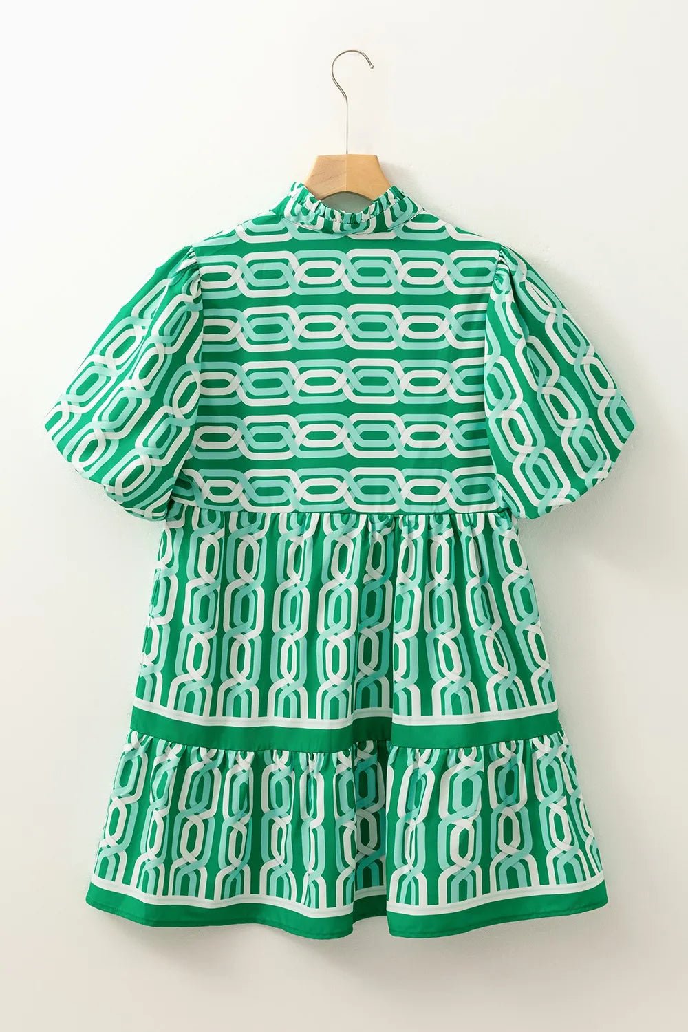 Abstract Patterned V Neck Puff Short Sleeve Mini Dress - adritiX